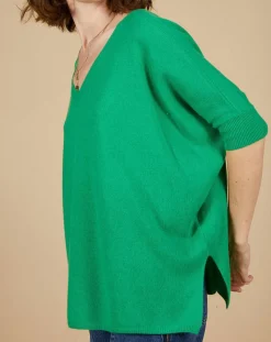Pull poncho 100% Cachemire Kelly col V manches courtes émeraude