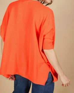 Pull poncho 100% Cachemire Kelly col V manches courtes corail fluo