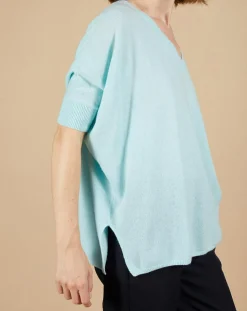 Pull poncho 100% Cachemire Kelly col V manches courtes bleu océan