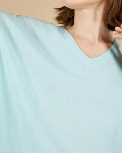 Pull poncho 100% Cachemire Kelly col V manches courtes bleu océan