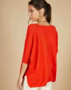 Pull poncho 100% Cachemire Kelly col V manches courtes orange