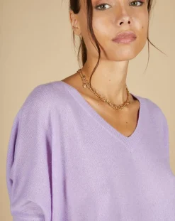 Pull poncho 100% Cachemire Kelly col V manches courtes lavande