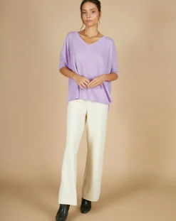 Pull poncho 100% Cachemire Kelly col V manches courtes lavande