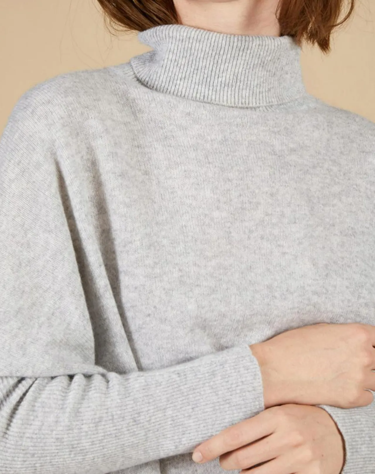 Pull poncho 100% Cachemire Lola col roulé gris chiné clair