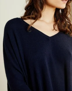 Pull poncho 100% Cachemire Marilyn Col V bleu profond