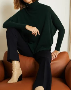 Pull poncho 100% Cachemire Olivia Col roulé vert forêt