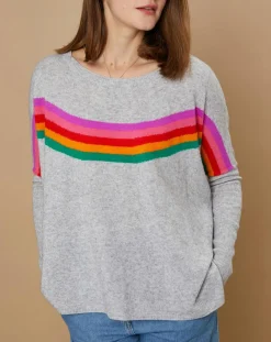 Pull poncho 100% Cachemire Rocky col rond à bandes gris chiné clair