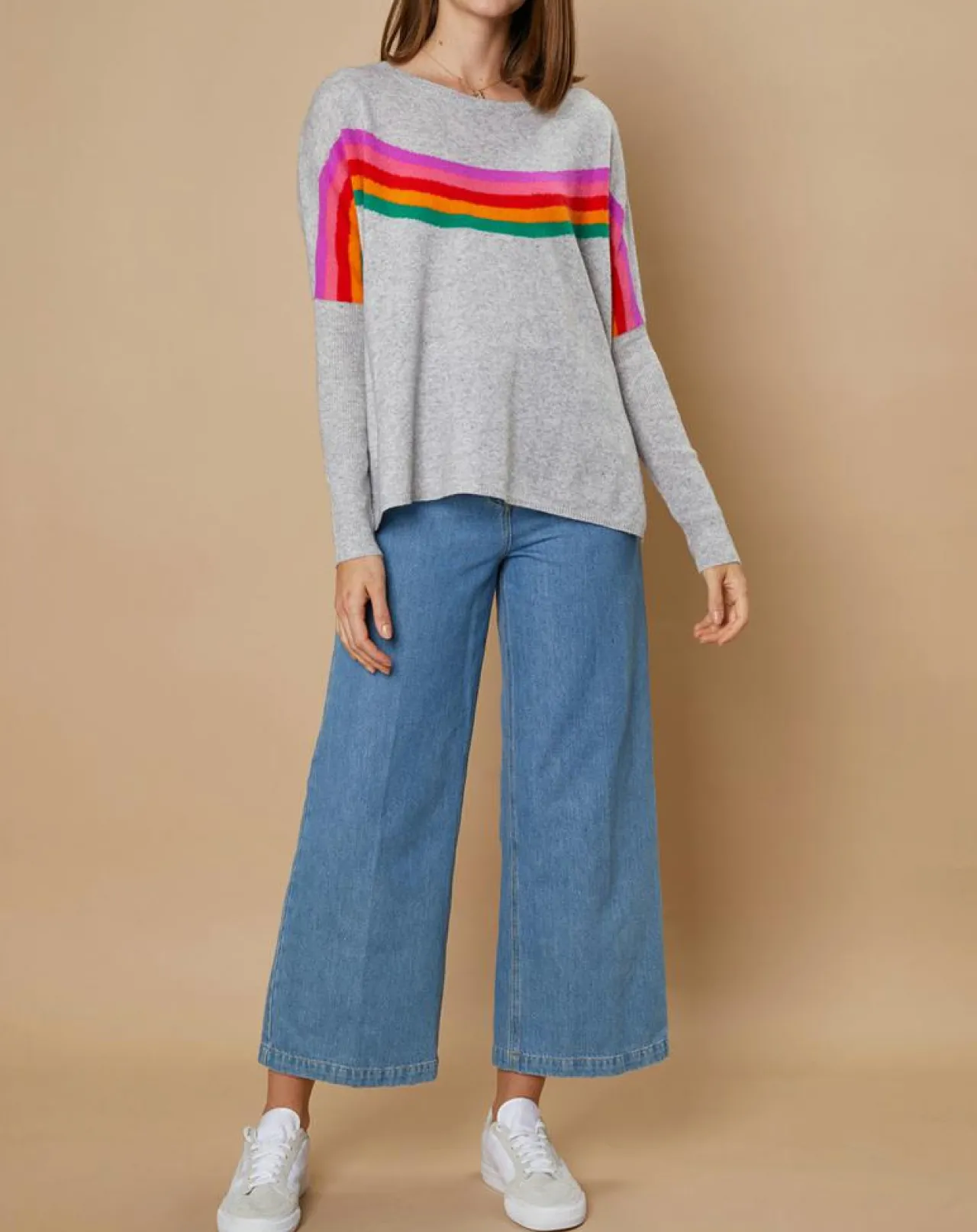 Pull poncho 100% Cachemire Rocky col rond à bandes gris chiné clair