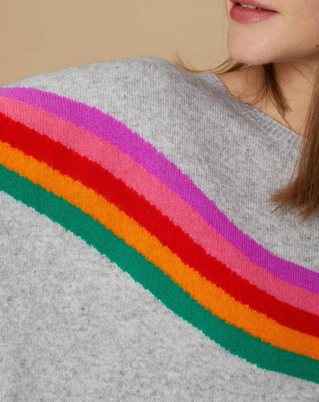 Pull poncho 100% Cachemire Rocky col rond à bandes gris chiné clair