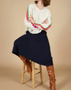 Pull poncho 100% Cachemire Wimbow col V à bandes manches blanc cassé