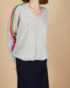 Pull poncho 100% Cachemire Wimbow col V à bandes manches gris chiné clair