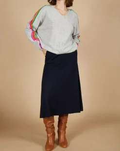 Pull poncho 100% Cachemire Wimbow col V à bandes manches gris chiné clair