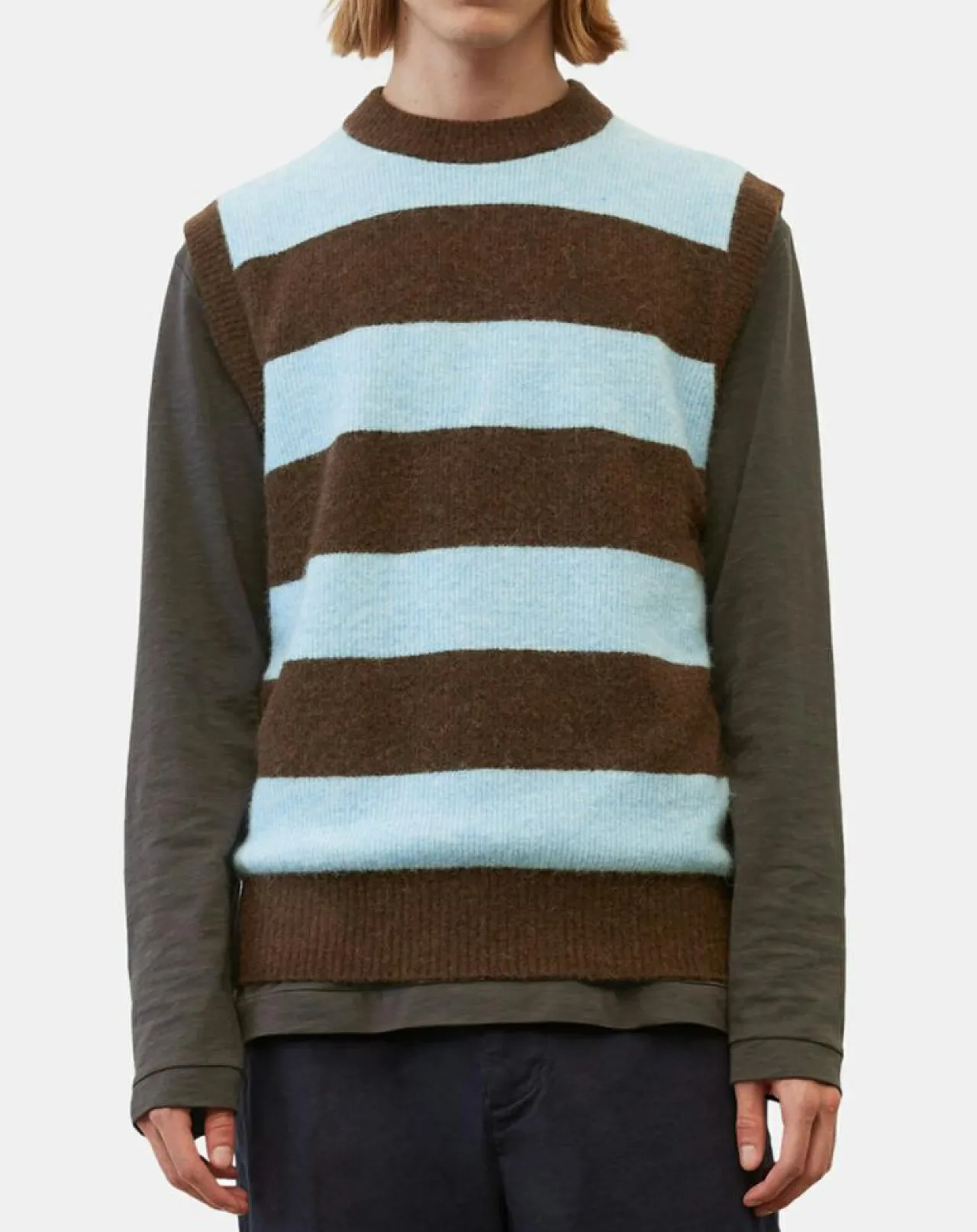 Pull sans manches en Laine & Alpaga mélangés rayé Colorblock bleu/marron