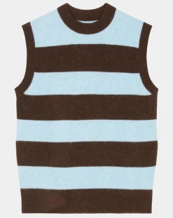 Pull sans manches en Laine & Alpaga mélangés rayé Colorblock bleu/marron