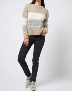 Pull Tricot en grosse maille fantaisie tricolore beige/gris/blanc