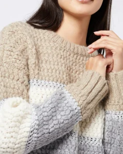 Pull Tricot en grosse maille fantaisie tricolore beige/gris/blanc
