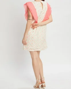 Robe brodée Daisy écru/rose fluo