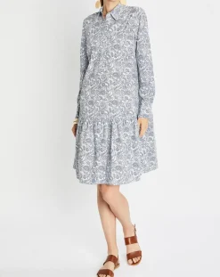 Robe chemise à volant imprimée bleu/blanc