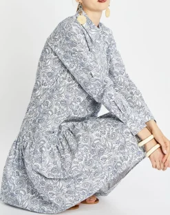 Robe chemise à volant imprimée bleu/blanc