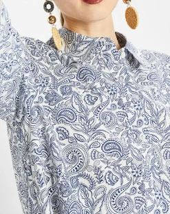 Robe chemise à volant imprimée bleu/blanc