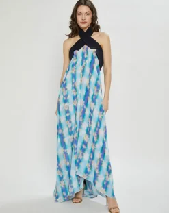 Robe en Crepon Wrap imprimée bleue