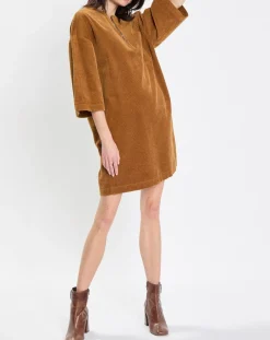 Robe en Velours côtelé zip poche marron