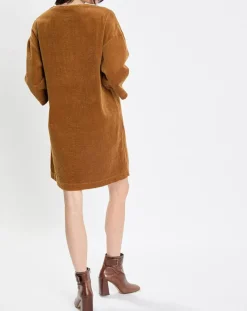 Robe en Velours côtelé zip poche marron