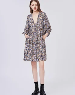 Robe Esmée satinée imprimée beige/bleu