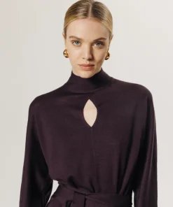 Robe longue Cali 100% Laine laine ceinture violet aubergine