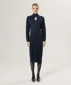 Robe longue Gwenaëlle 100% laine ceinture bleu marine