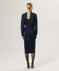 Robe longue Gwenaëlle 100% laine ceinture bleu marine