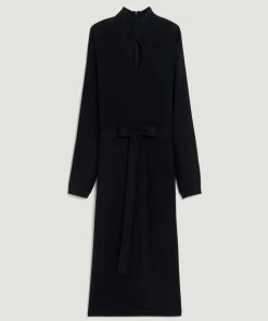 Robe longue Gwenaëlle 100% laine ceinture bleu marine