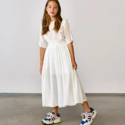 Robe longue Heaven à dentelle et volant blanche