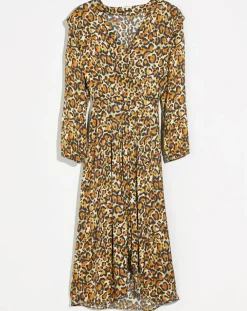 Robe midi effet satiné Annie léopard dorée/marron