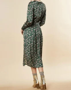 Robe Natasha mi-longue et fluide imprimée verte