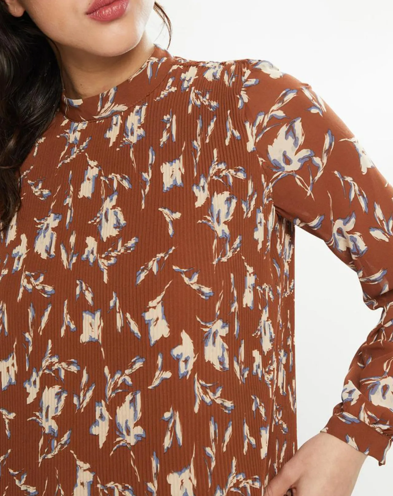 Robe plissée à imprimé fleurs marron/bleu