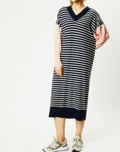 Robe pull marinière 100% Cachemire Fabia col V rayures marine/écru/rose