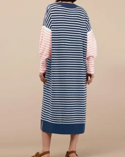 Robe pull marinière 100% Cachemire Fabia col V rayures marine/écru/rose