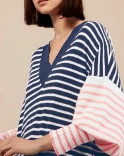 Robe pull marinière 100% Cachemire Fabia col V rayures marine/écru/rose