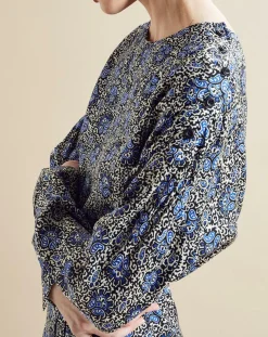 Robe satinée Naima imprimée bleu/noir/écru