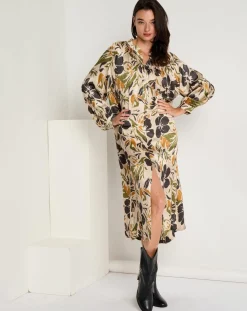 Robe toucher doux Maya imprimée vert/ocre/beige