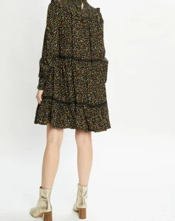 Robe évasée col smockée imprimé floral multicolore