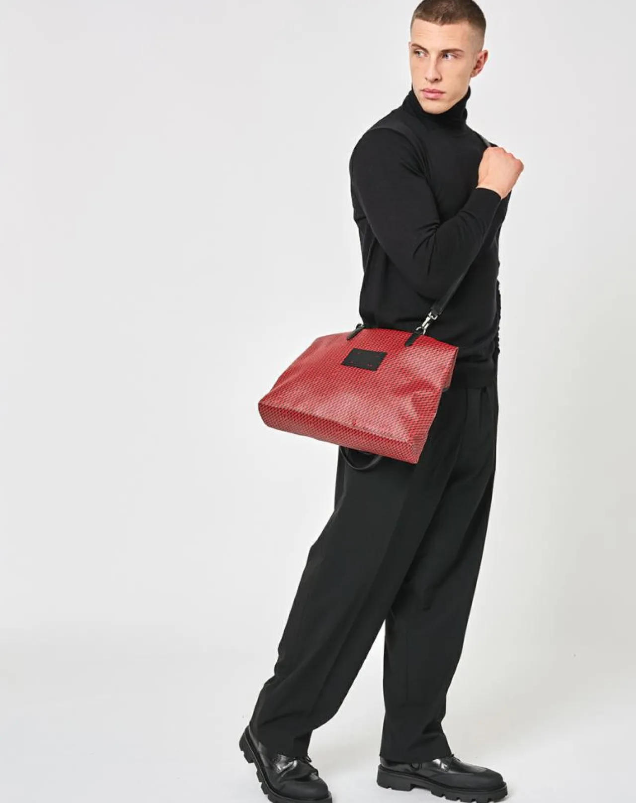 Sac en Toile enduite & Cuir Faret rouge/noir - 38x36x8.5 cm