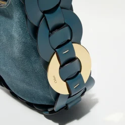 Sac porté épaule en Velours de Cuir Darryl bleu - 25x20x9 cm