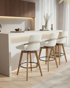 Saly - Chaise de bar en tissu bouclette et pieds en bois