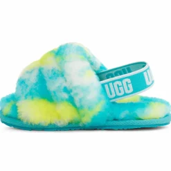 Sandales chaussons en Peau de Mouton Fluff Slide Marble bleu/jaune