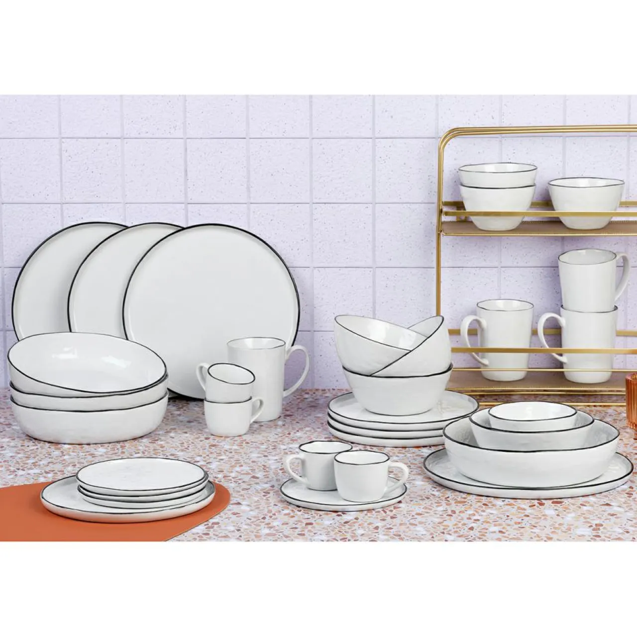 Service Complet en Grès Pure blanc/beige - 32 pièces