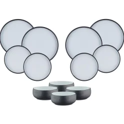 Service Les Essentiels en Grès Gourmet blanc granité/noir onyx - 12 pièces