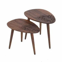 Set 2 tables d'appoint plateau sculpté bois massif Acacia Adir Marron - 58x40x46 cm