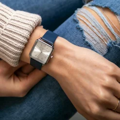 Set Montre Femme 2 Bracelets Plaza en Acier & Cuir argenté/bleu foncé